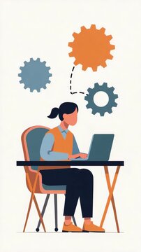 Vector illustration of businesswoman sitting at desk using laptop, with gears above representing workflow, teamwork, and innovation. Ideal for concepts of productivity, technology, business strategy.