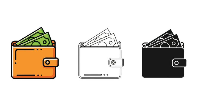 Three stylized illustrations of wallets filled with cash, presented in orange, outline, and black variations.