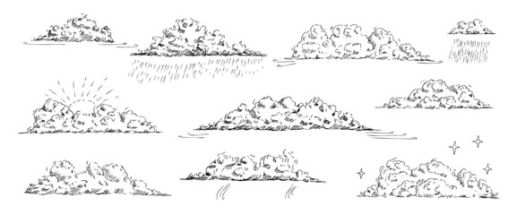 Fototapeta premium Forecast or sketch weather set. Hand-drawn clouds with rain and sun in simple pencil sketch. Sky elements with pen line. Windy storm sky. Vector illustration for nature themes. Cloudy weather.