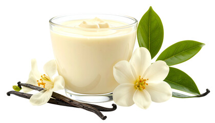 Creamy dessert in glass, vanilla beans, flowers, and leaves with bright lighting
