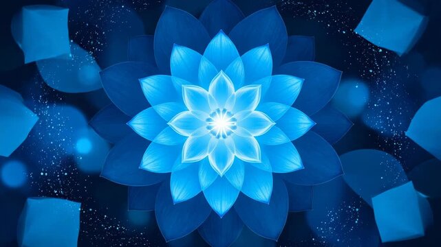 Radiant blue lotus flower with glowing center and floating particles