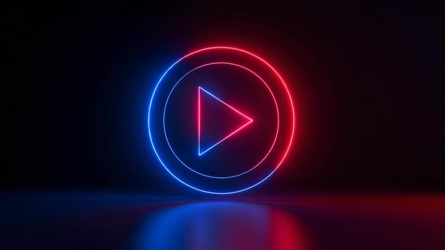 Neon play button icon with blue and red glow on dark background with reflection