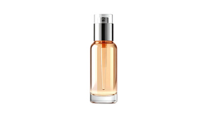 Sleek glass skincare bottle with a silver top, filled with amber liquid, on a black backdrop