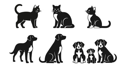 Collection of black and white silhouette illustrations of cats and dogs of various breeds and sizes. © Alfarizi