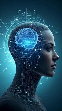 Human-AI collaboration concept. Businessman interface digital icon of a human-AI hybrid head, synergy between human intelligence and artificial intelligence in modern technology and innovat.