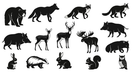 A collection of black silhouette illustrations of various wild forest animals, including bears, wolves, foxes, deer, boars, moose, rabbits, badgers, squirrels, and owls.