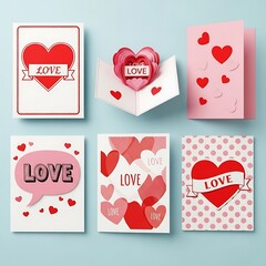 Assorted valentine&rsquo;s day pop-up and greeting cards with red hearts and love messages