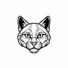 Obraz premium Geometric line art illustration of a cat's head, black and white, abstract feline face with sharp angles and intricate lines.