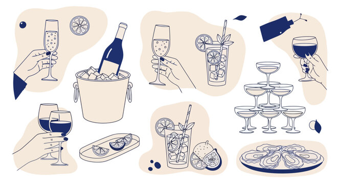 A collection of hand-drawn illustrations depicting various alcoholic beverages, cocktails, wine, champagne, and oysters, perfect for a celebratory or sophisticated occasion.