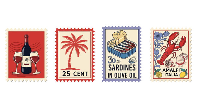 Four vintage postage stamps featuring Italian-themed illustrations: wine and glasses, a palm tree, sardines in olive oil, and a lobster with lemons.