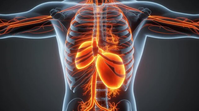 Transparent human torso showing glowing kidneys and circulatory system illustrating renal function anatomy medical science and internal health visualization