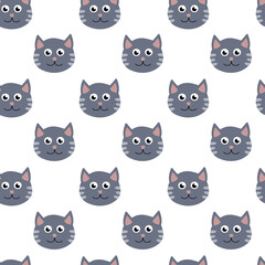 Fototapeta premium Seamless Pattern with Gray Cat head with stipes. Vector flat illustration.