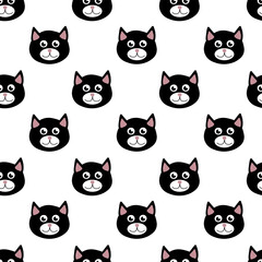 Fototapeta premium Seamless Pattern with Black Cat head with stipes. Vector flat illustration.