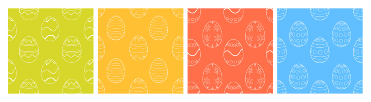 Set of seamless patterns with line art Easter eggs in green, yellow, orange, and blue. Vector spring designs for wrapping paper, textiles, packaging, wallpapers and holiday decorations.