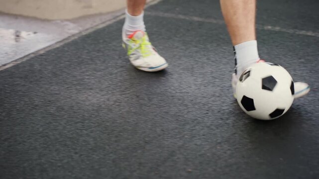 wet asphalt soccer ball at feet, player dribbling through puddles, closeup of lower legs and neon sneakers, reflective water patches on court, overcast mood, casual training session in urban park
