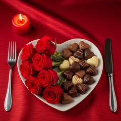 Romantic heart-shaped dessert platter with chocolates, roses, and ambiance lighting