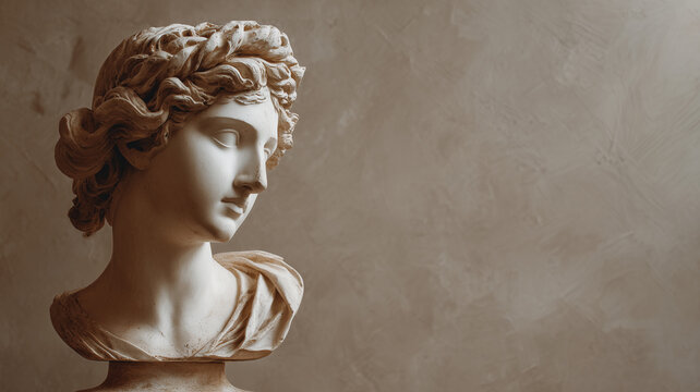 Rough textured wall background with antique sculpted female bust. Empty copy space. Artwork digital illustration.	