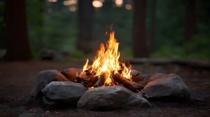 A vibrant campfire burns brightly within a stone fire pit in a forest at dusk