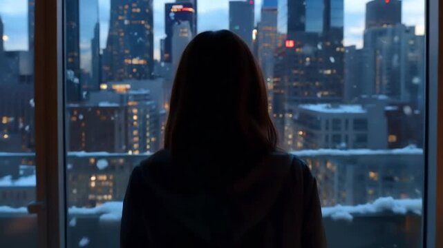 A silhouette of young woman in a lcozy iving room is watching view of the big city during heavy snow is falling outside. Generated AI.