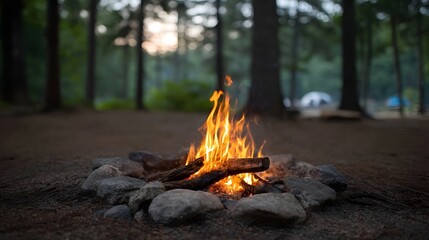 A warm campfire burns in a stone fire pit in a serene forest clearing during the evening