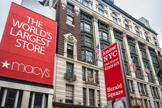 NEW YORK, USA - NOVEMBER 18, 2019:  Banner sign for Macy's Department Store and 34th Street District