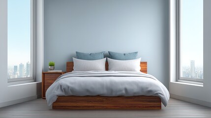 Fototapeta premium Modern minimalist bedroom interior design with large windows showcasing city skyline and a stylish wooden bed framed by natural light