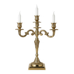 Elegant gold candelabra with intricate designs and four candle holders, isolated on transparent background