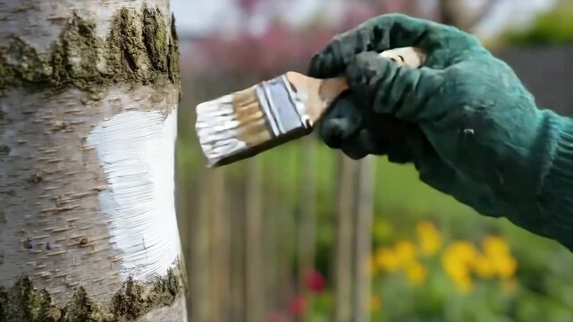 Whitewashing a tree trunk with protective garden solution