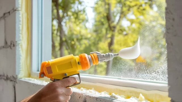 Cleaning window frame from mounting foam using water spray