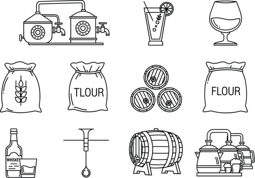 Minimal outline distillery and brewing icon set featuring flour sacks, barrels, grain, mixers, bottles, and beverage production equipment for food and drink design