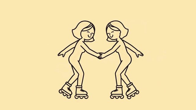 Two Women Roller Skating Holding Hands Friendship Doodle Vector Illustration Animation of Girls Rollerblading Together