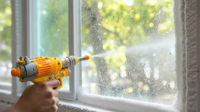 Cleaning window frame from mounting foam using water spray