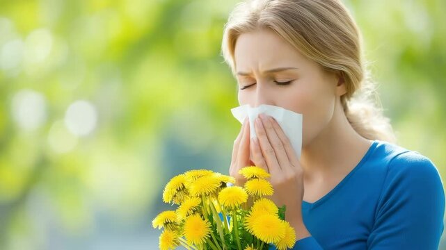Young Woman with Allergy Sneezing and Holding Dandelions Outdoors