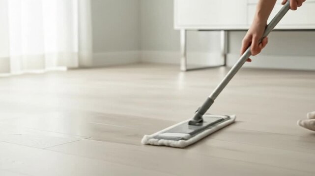 Daily home cleaning routine. Hands mopping modern floor. Fresh sanitary lifestyle mood.