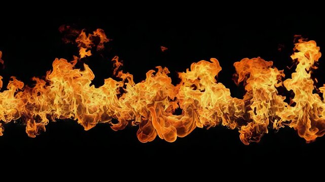 Dynamic horizontal line of intense orange and yellow flames against a black background