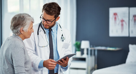 Doctor, tablet and discussion with old woman in hospital for advice, mammogram test results and healthcare. Breast cancer screening, online medical research and oncology checkup with people in clinic © JamPacked/peopleimages.com