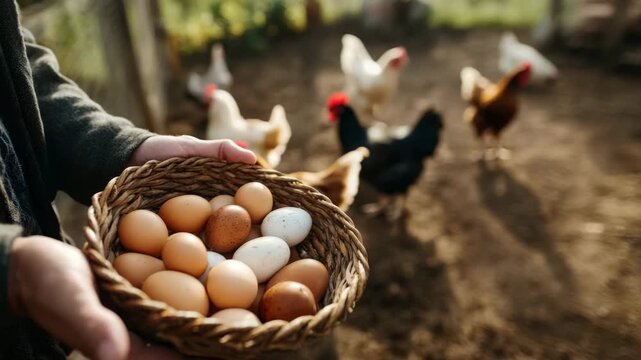 Farmer's hands holding a wicker basket of fresh, free-range eggs with chickens in the background