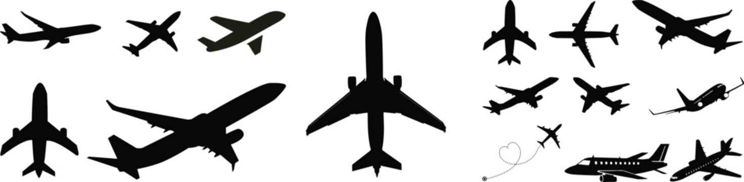 Icon service spoilers vector collection airport radar glider airplane plane variant shape.Collection of black hand-drawn travel and aviation icons in a rough silhouette style, including an airplane