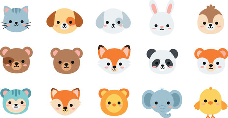 Naklejka premium Cute Animal Face Icon Set with Cartoon Cat Dog Bear Fox Panda Rabbit and Jungle Animals for Kids Apps Stickers and Design