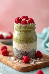 Layered chia pudding with matcha cream and raspberries in a glass jar, healthy dessert concept on wooden board, candid food art illustration with soft pink background