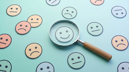 A magnifying glass focusing on a happy smiley face icon among many neutral and sad faces on a blue background representing customer experience research