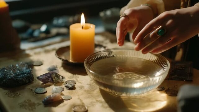Close-up of fortune teller's hand over a scrying bowl with a candle