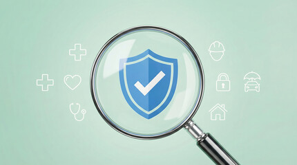 Magnifying glass focusing on a blue security shield icon surrounded by various insurance symbols for health home car and life protection on green background