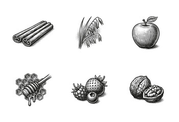Set of breakfast ingredient icons featuring oats, fruit, and honey in a vintage engraved woodcut style.