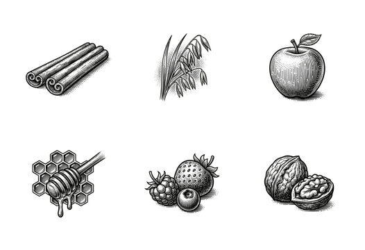 Set of breakfast ingredient icons featuring oats, fruit, and honey in a vintage engraved woodcut style.