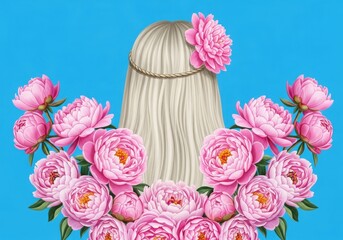 woman with glossy straight hair and flower crown framed by pink peonies on bold blue background