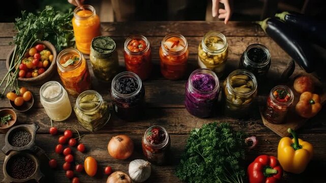 Homemade fermented and pickled vegetables in jars on a wooden table
