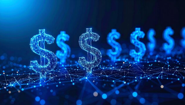 Glowing digital dollar network connection, futuristic blue currency symbols, financial technology, blockchain and investment, modern fintech innovation and global economy.