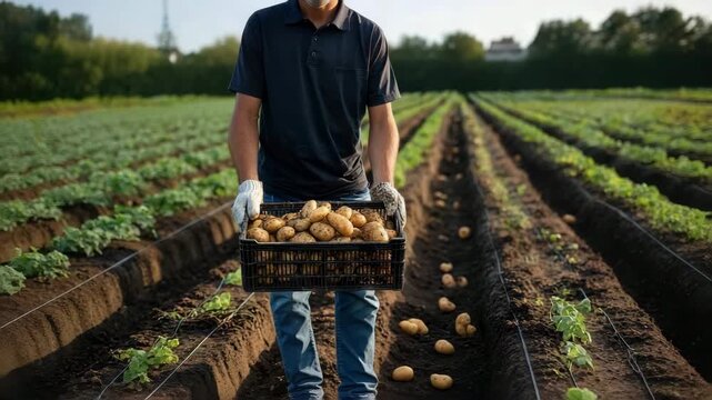 Farmer holding a crate of freshly harvested potatoes from the field