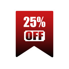 25 percent off red ribbon banner isolated on white background. Discount promotion label with bold text for sale, special offer, and marketing campaign. Vector illustration.